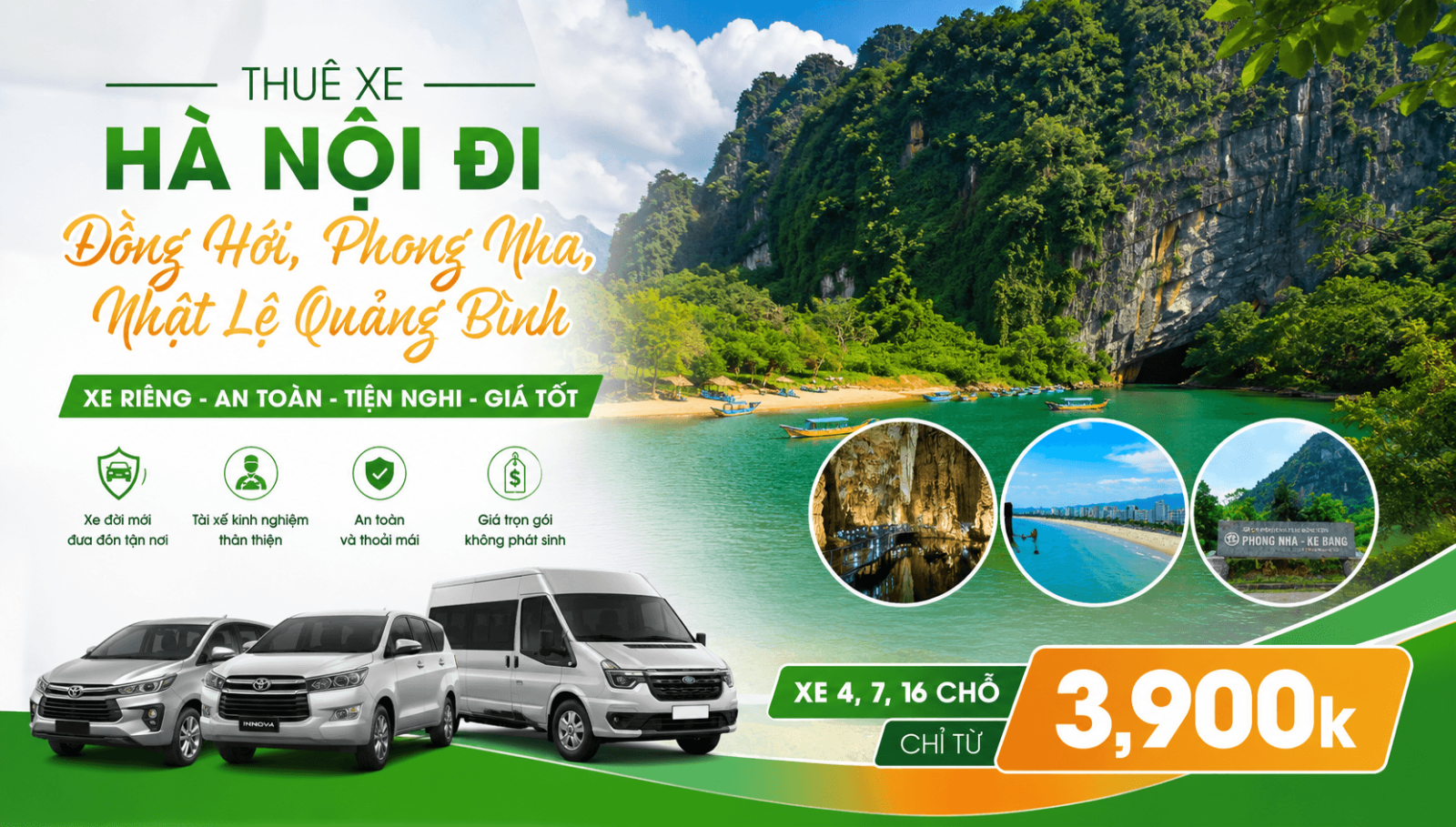 Thuê xe Hà Nội đi Đồng Hới, Phong Nha, Nhật Lệ Quảng Bình - Xe 4, 7, 16 chỗ Xe Riêng chỉ  3,900k