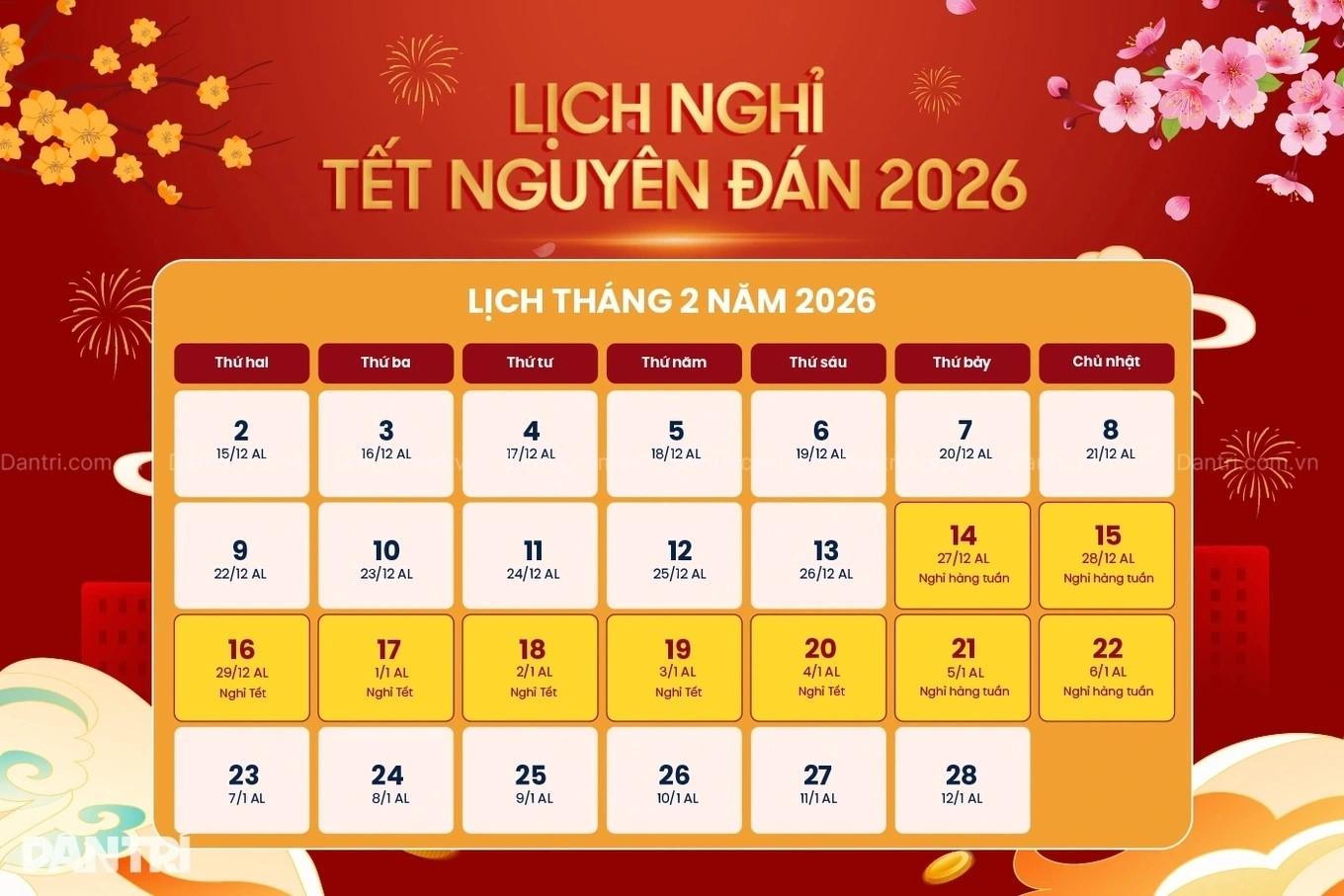 Lịch nghỉ Tết Dương, Tết Nguyên đán 2026