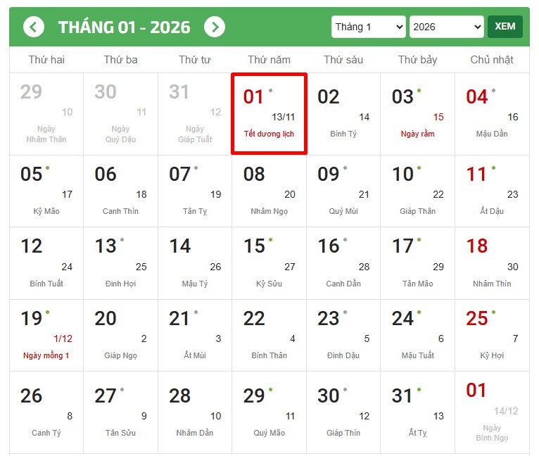 Lịch nghỉ Tết Dương, Tết Nguyên đán 2026
